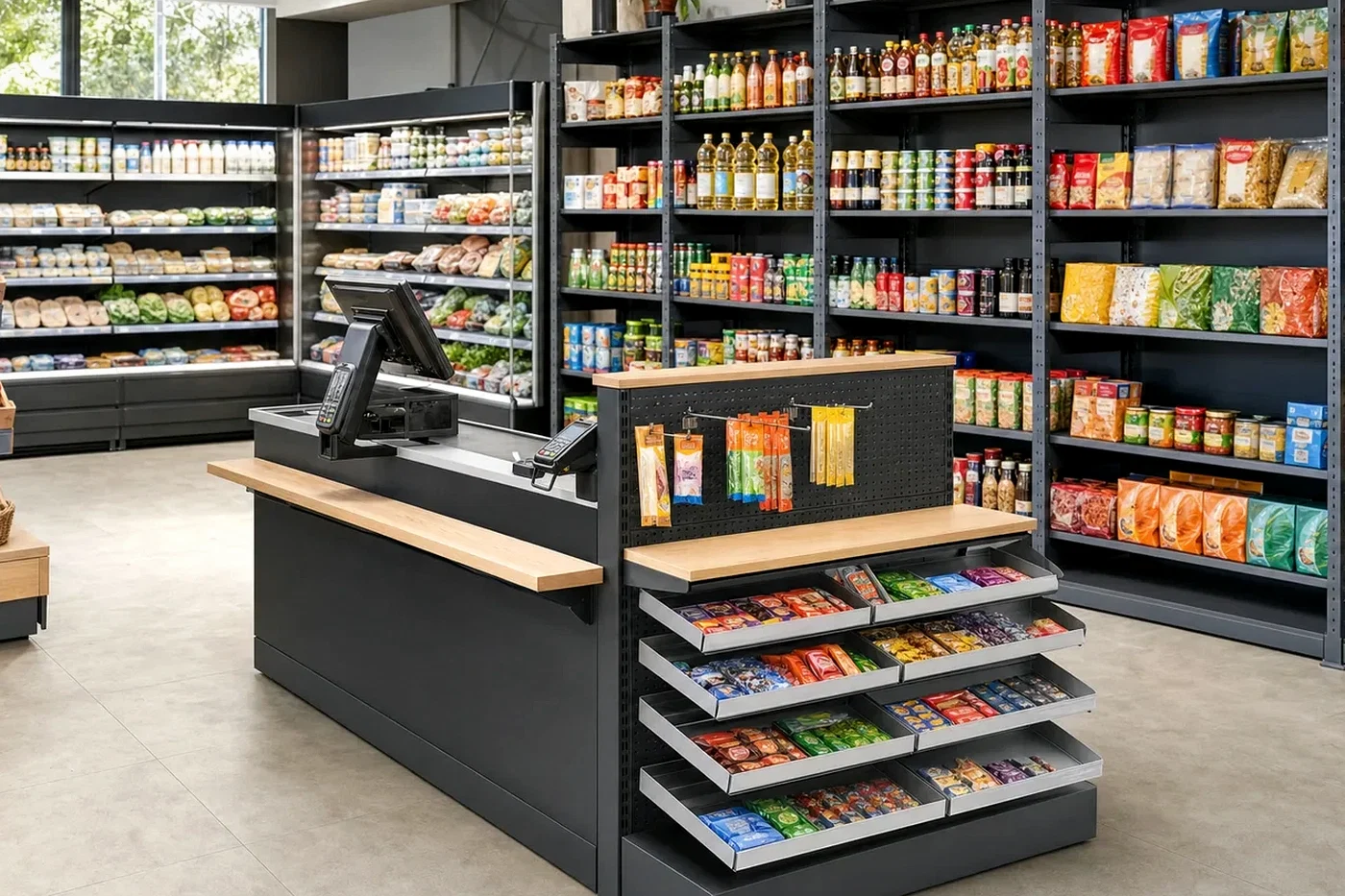 План невеликого продуктового магазину з холодильною лінією, касою та пристінними стелажами